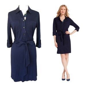 Draper James Popover Knit Belted Shirtdress in Nassau Navy Blue 3/4 Sleeve NWT S